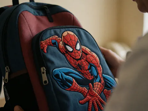 Sac à dos enfant avec broderie Spider-Man, fermeture éclair et main tenant, sur fond mur beige pour papeterie.
