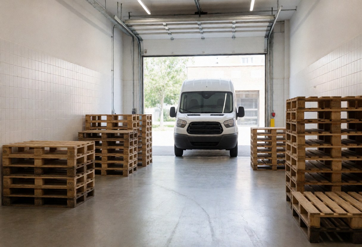 Un camion blanc stationne dans un entrepot de boulangerie avec des palettes en bois, un sol en beton et des murs carrelés de blanc.