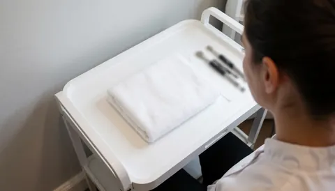 Chariot de traitement blanc avec serviette et outils de microblading dans un salon de beauté aux murs gris clair.