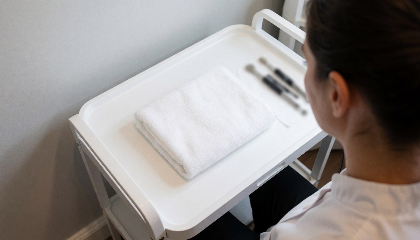 Chariot de traitement blanc avec serviette et outils de microblading dans un salon de beauté aux murs gris clair.
