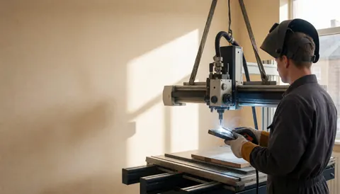 Un soudeur équipé d'un casque et de gants de protection travaille sur une plaque métallique avec une machine plasma dans un atelier éclairé par la lumière naturelle.