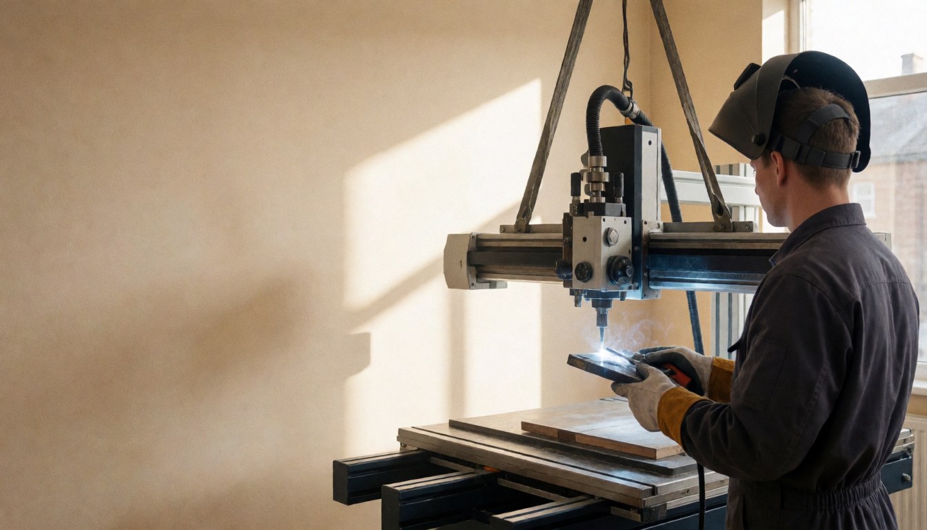 Un soudeur équipé d'un casque et de gants de protection travaille sur une plaque métallique avec une machine plasma dans un atelier éclairé par la lumière naturelle.