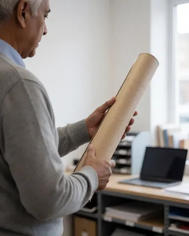 Une cliente vérifie un grand roll-up dans un bureau moderne équipé d'un ordinateur portable et de meubles professionnels.