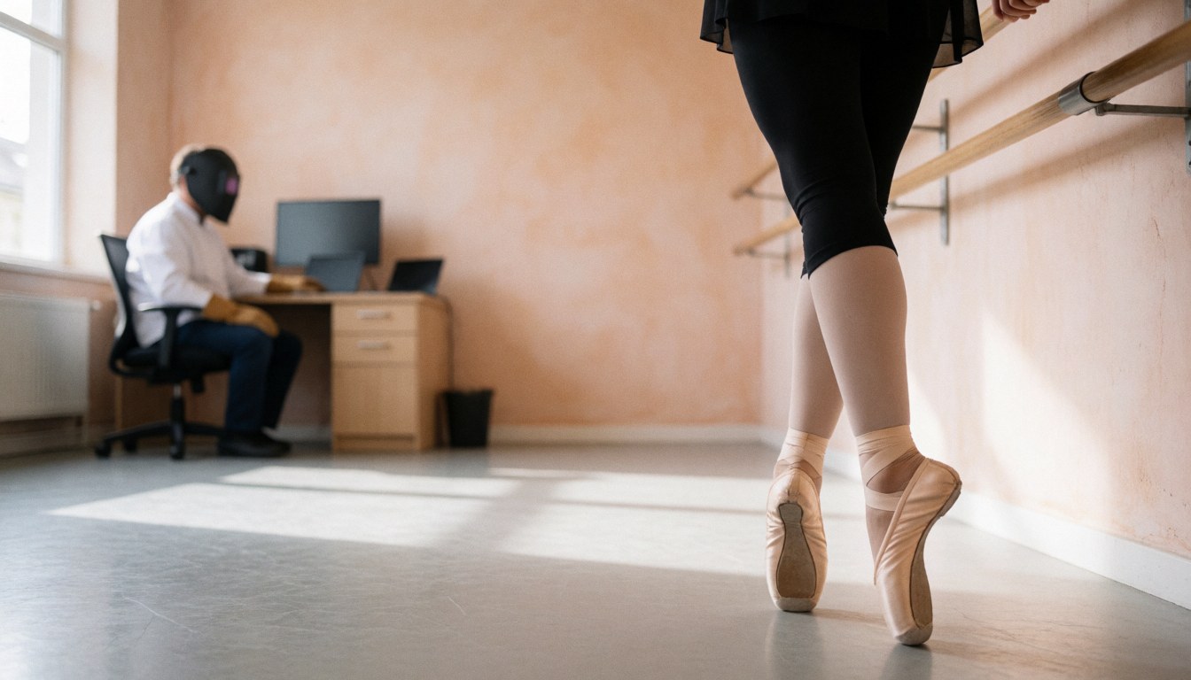 Chaussures de pointe posées dans un studio de ballet aux murs clairs, offrant un espace vide idéal pour ajouter du texte promotionnel sur des cours de danse.