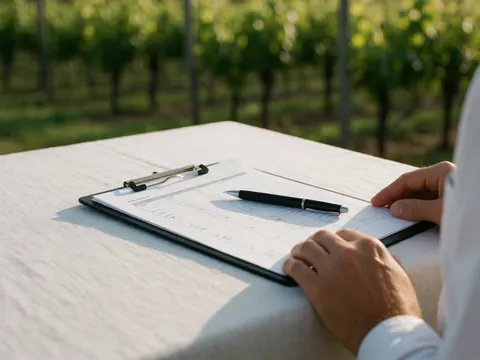 Mains d'un coordinateur d'événements consultant un calendrier dans un vignoble, avec un stylo et un carnet sur une table blanche, éclairage de coucher de soleil.