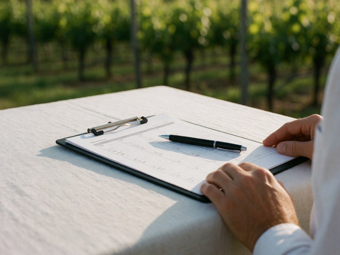 Mains d'un coordinateur d'événements consultant un calendrier dans un vignoble, avec un stylo et un carnet sur une table blanche, éclairage de coucher de soleil.