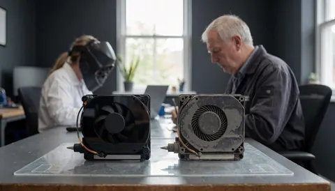 Deux ventilateurs de portable, un neuf et un usé, posés sur une table de travail dans un atelier de réparation avec un technicien en arrière-plan.