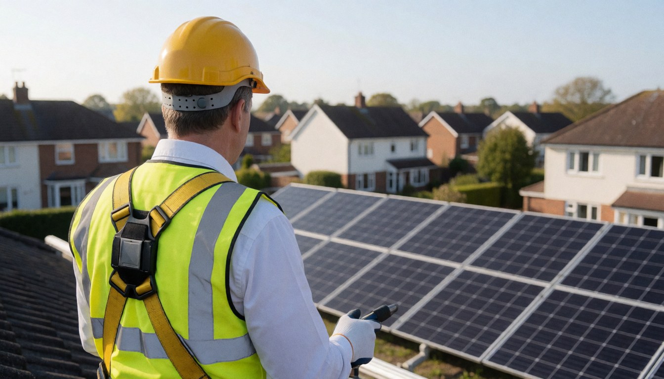 Technicien sur un toit portant un casque jaune et un gilet réfléchissant, inspectant des panneaux solaires dans un quartier résidentiel, scène de réparation d'installations solaires.