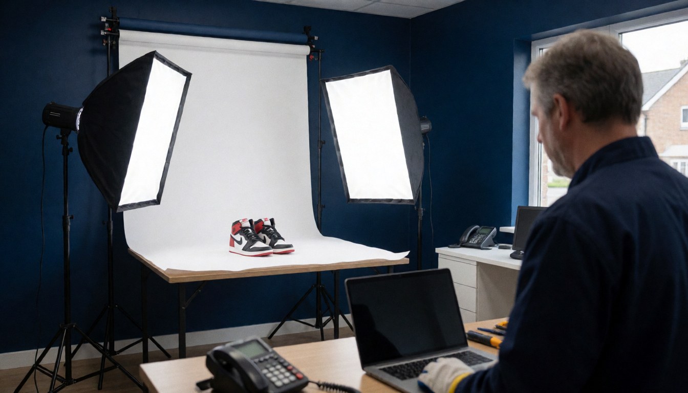 Chaussures de sport rouges et noires sur fond blanc éclairées par des softboxes dans un studio aux murs bleus avec un photographe travaillant sur un ordinateur.