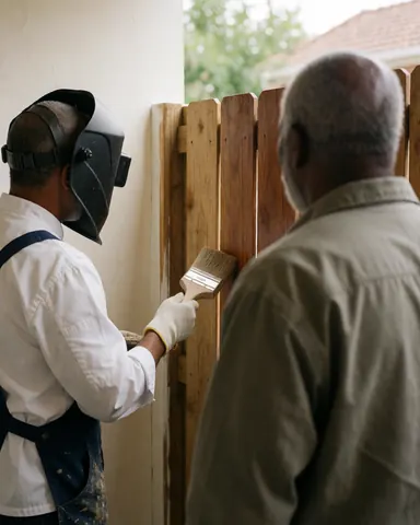 Un peintre applique une finition sur une clôture en bois pendant qu'un client observe attentivement, sous un mur blanc chaud et une lumière naturelle.