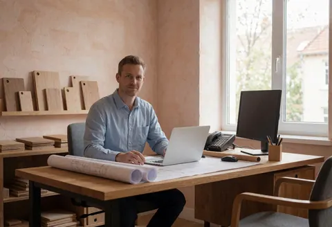 Un menuisier dans son bureau avec des plans, des échantillons de bois et un ordinateur portable sur une table en bois, des murs en enduit terracotta.