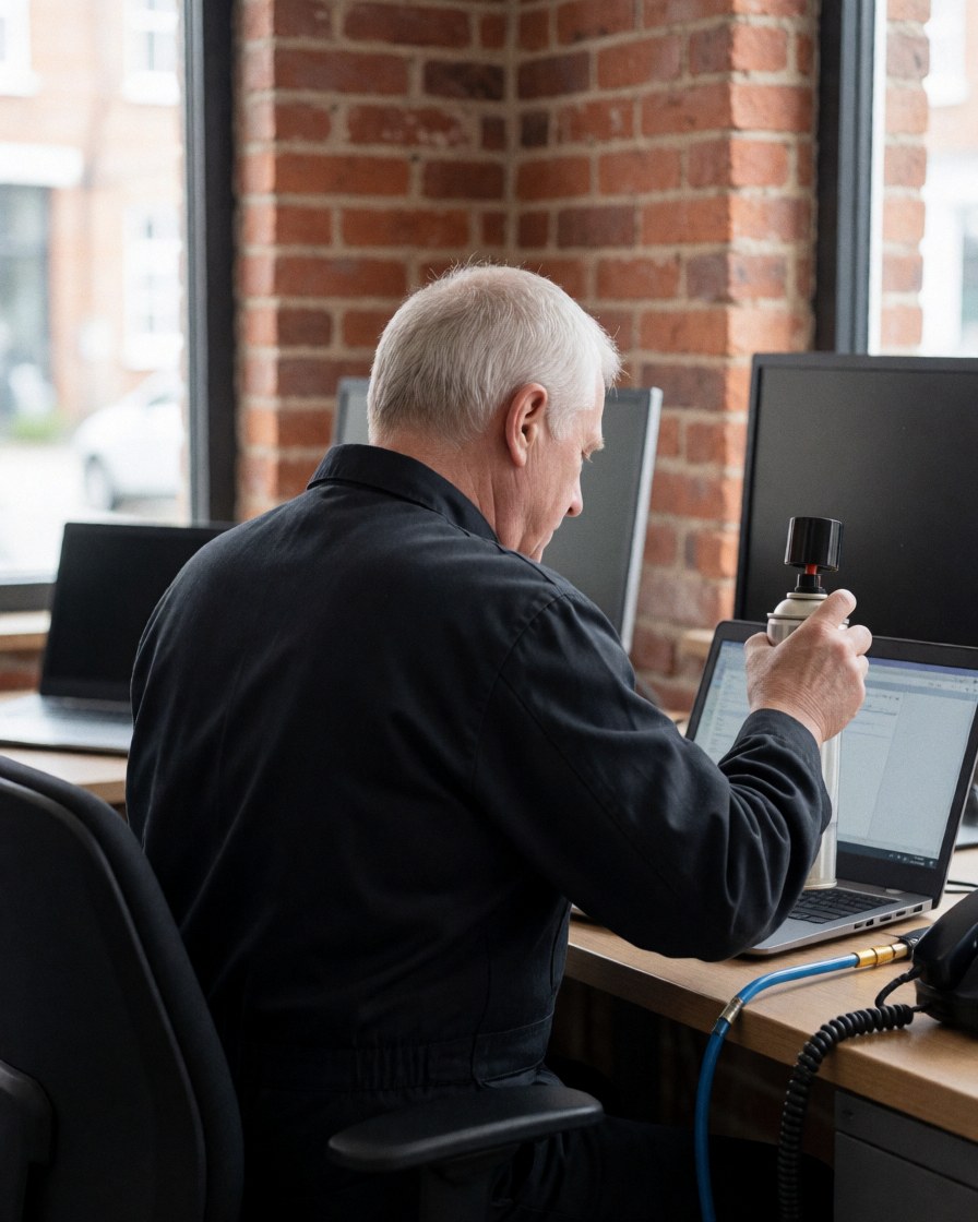 Un technicien de réparation utilise de l'air comprimé pour nettoyer un ordinateur portable dans un bureau avec un mur en briques.