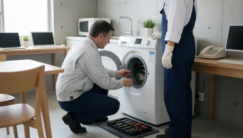 Un technicien examine une machine à laver à l'aide d'un kit d'outils, tandis qu'un client observe la scène dans un intérieur aux murs en béton avec une lumière naturelle.