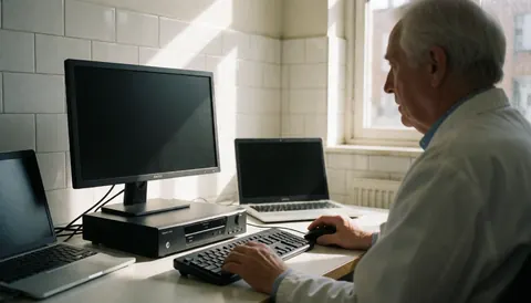 Un enregistreur vidéo numérique est visible dans un bureau aux murs carrelés blancs. Un homme âgé travaille devant un écran et un clavier, avec la lumière du soleil entrant par la fenêtre.