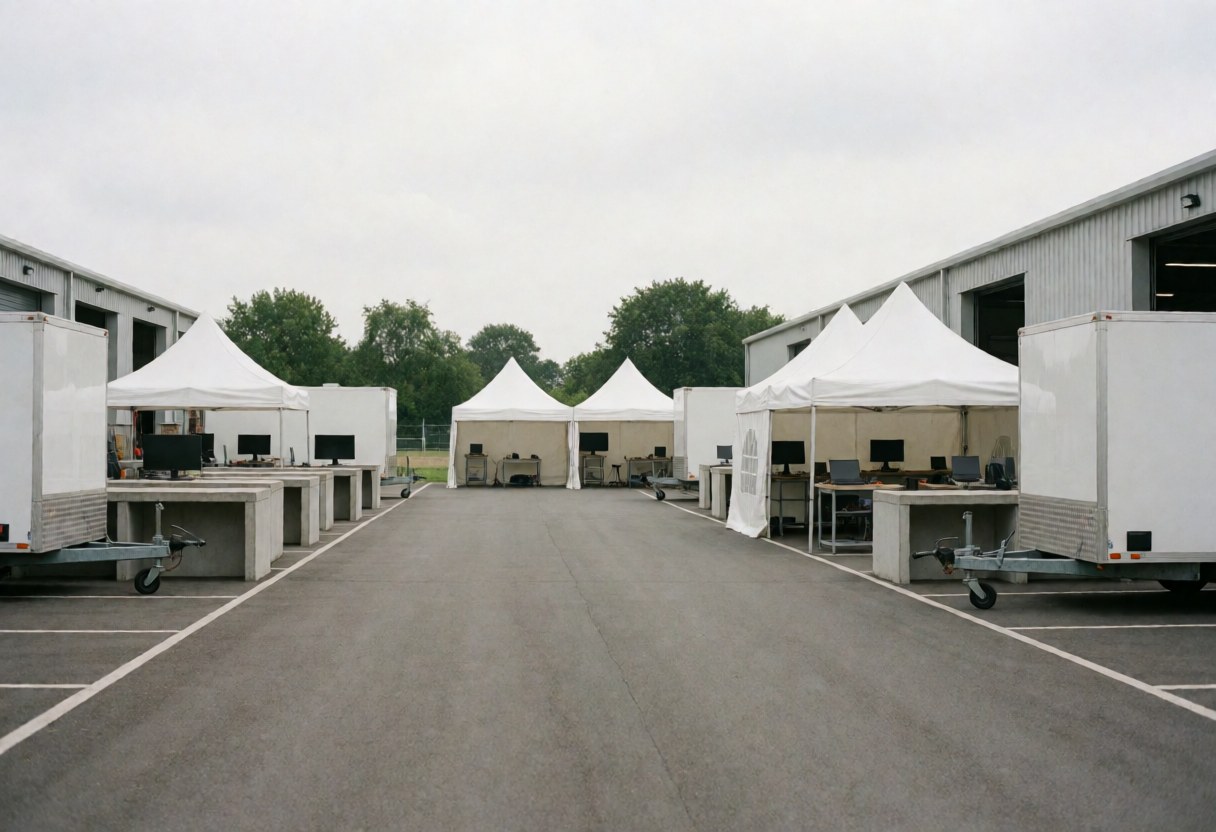 Patio industriel vide avec des terrains blancs, des tables de travail et des moniteurs, prêt pour les opérations.