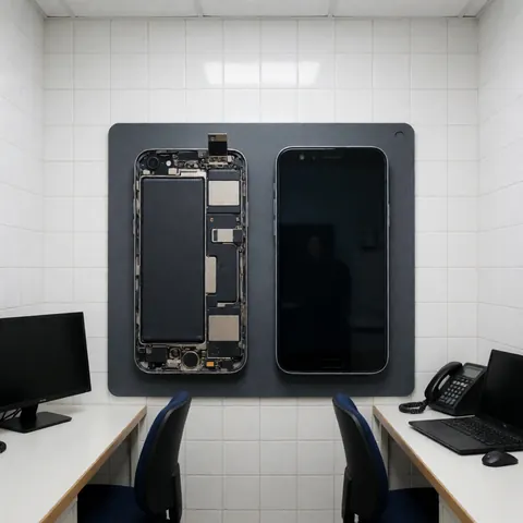Deux smartphones démontés posés sur une surface antistatique, l'un avec la batterie exposée, dans un atelier de réparation aux murs carrelés blancs.