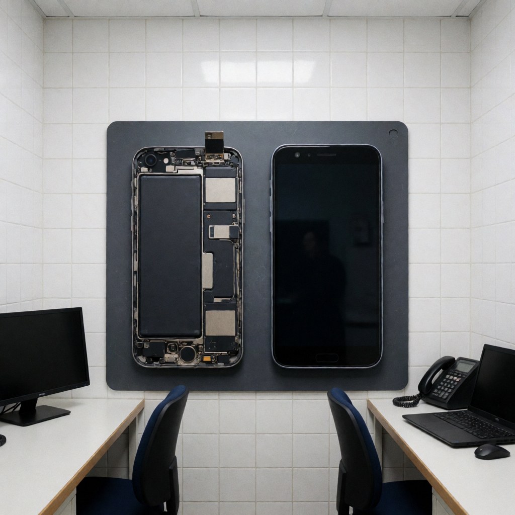 Deux smartphones démontés posés sur une surface antistatique, l'un avec la batterie exposée, dans un atelier de réparation aux murs carrelés blancs.