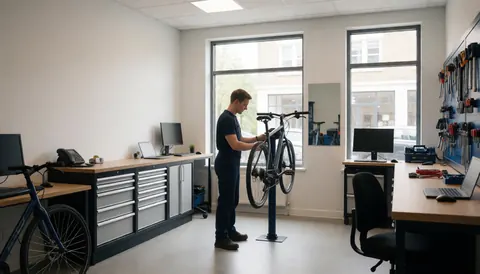 Mécanicien travaillant sur une roue de vélo dans un atelier moderne avec outils au mur et lumière naturelle par les fenêtres, idéal pour un site de réparation de vélos.