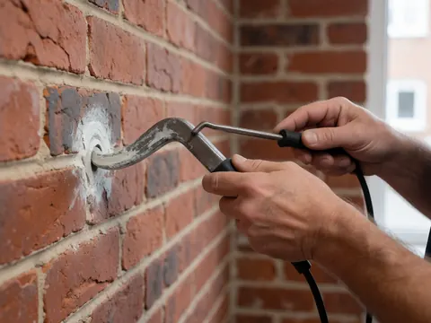Gros plan de mains utilisant un outil métallique sur un mur de briques rouges pour une réparation de détail sur un chantier.