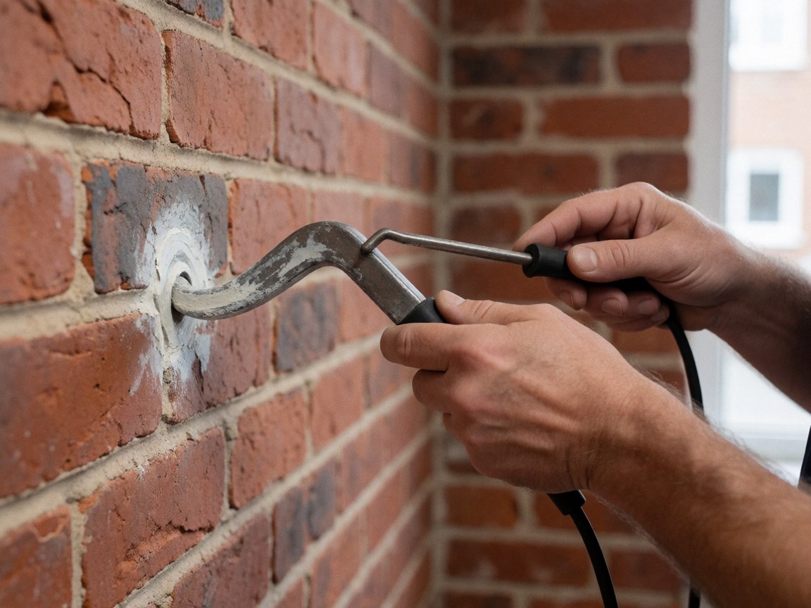 Gros plan de mains utilisant un outil métallique sur un mur de briques rouges pour une réparation de détail sur un chantier.