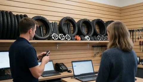 Un technicien travaille sur un vélo dans un atelier équipé de pneus, disques de frein et outils, tandis qu'un client observe près d'ordinateurs.