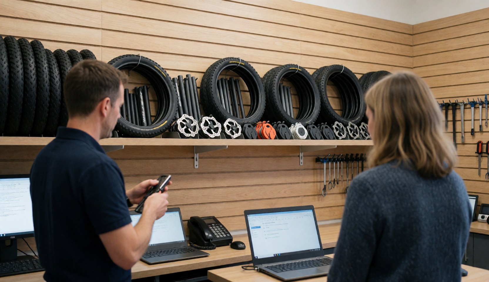Un technicien travaille sur un vélo dans un atelier équipé de pneus, disques de frein et outils, tandis qu'un client observe près d'ordinateurs.