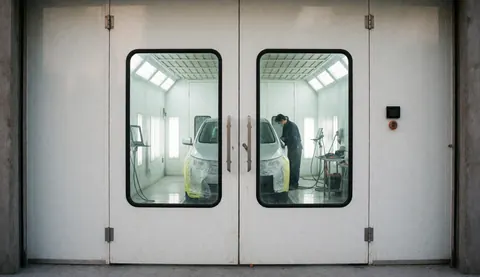 Un professionnel peint un automobile dans une cabine moderne et propre, avec des outils visibles et des murs blancs.