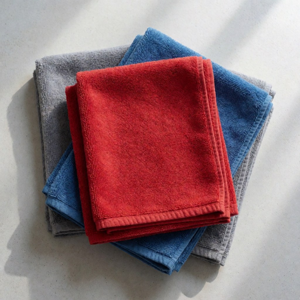 Serviettes en microfibre rouges, bleues et grises disposées sur un sol en béton pour le lavage des véhicules.