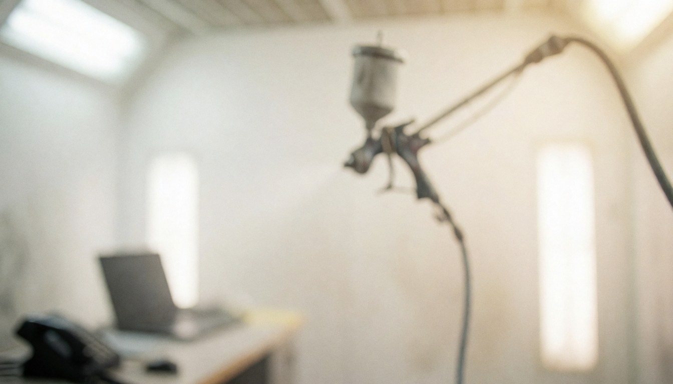 Fond d'atelier de peinture avec buse de pulvérisation, murs blancs et lumière chaude, idéal pour textes