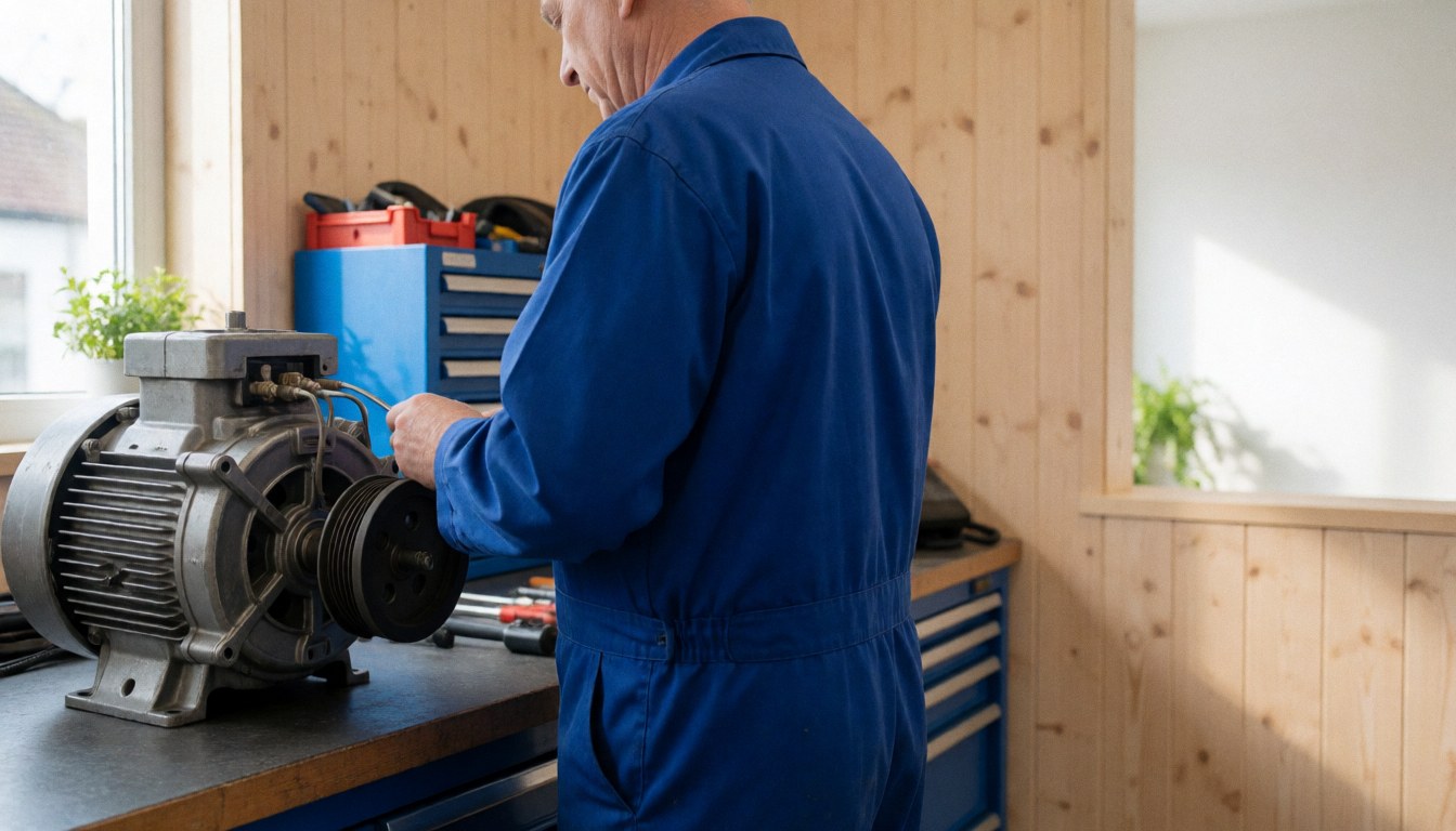 Technicien en uniforme bleu travaillant sur un moteur électrique posé sur un établi en atelier avec murs en bois et lumière naturelle.