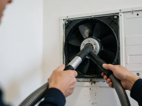 Mains utilisant un aspirateur pour nettoyer le ventilateur d'un condensateur sur fond blanc, détail du service de réparation de réfrigérateur.