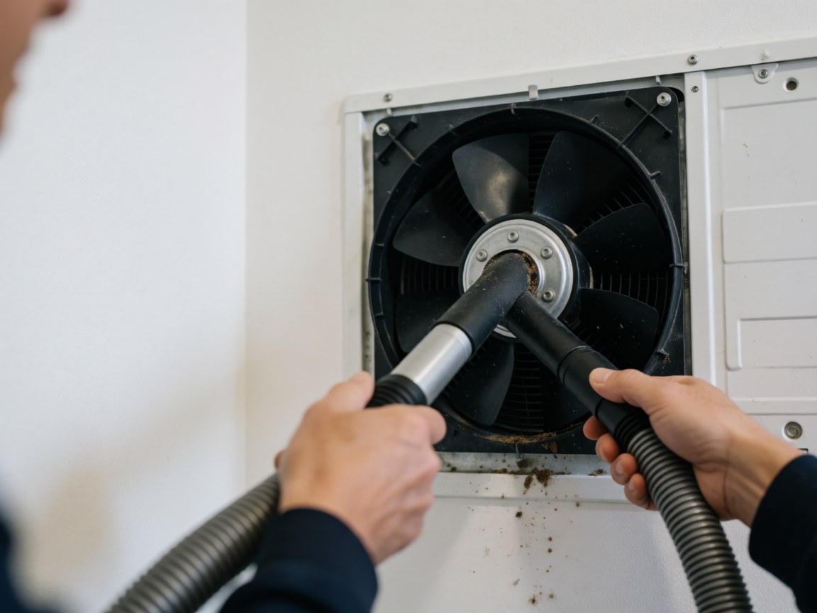 Mains utilisant un aspirateur pour nettoyer le ventilateur d'un condensateur sur fond blanc, détail du service de réparation de réfrigérateur.