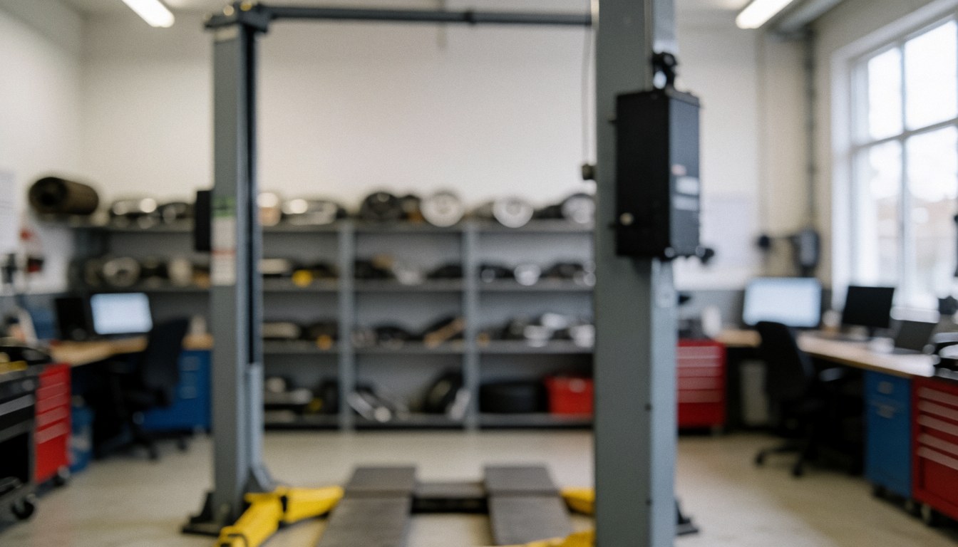 Arrière-plan d'atelier de carrosserie et peinture avec chariot élévateur et étagères de pièces détachées, éclairage neutre et professionnel.