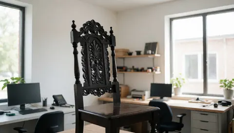 Chaise en bois sombre restaurée avec détails sculptés, dans un atelier éclairé par la lumière naturelle et une étagère organisée.