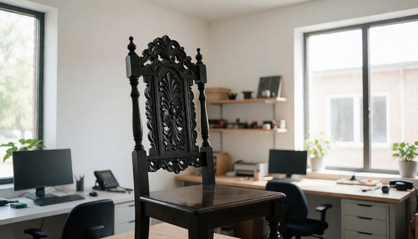 Chaise en bois sombre restaurée avec détails sculptés, dans un atelier éclairé par la lumière naturelle et une étagère organisée.