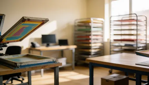 Atelier de sérigraphie avec planches d'impression, racks de séchage et tables de travail éclairés par la lumière naturelle, idéal pour fond de texte.
