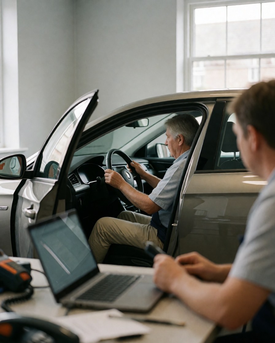 Un client attend dans son véhicule pendant qu'un technicien effectue un service de lavage automobile dans un atelier propre et bien éclairé par la lumière naturelle.