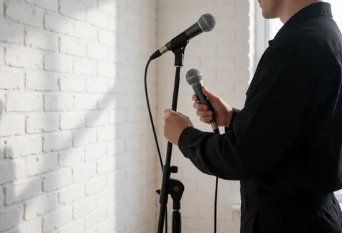 Un technicien ajuste un microphone professionnel sur un support métallique devant un mur de briques blanches éclairé par la lumière naturelle.