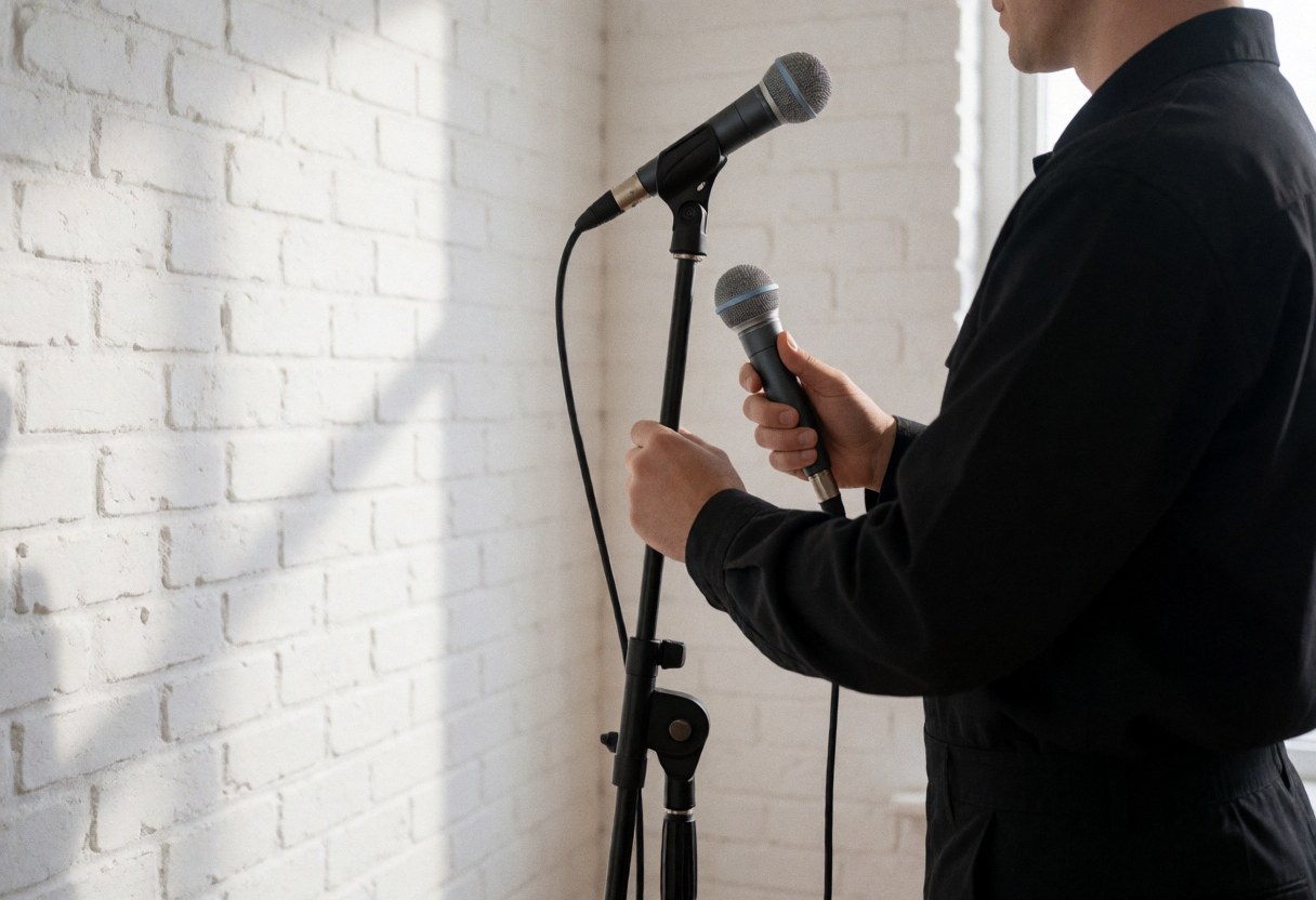 Un technicien ajuste un microphone professionnel sur un support métallique devant un mur de briques blanches éclairé par la lumière naturelle.