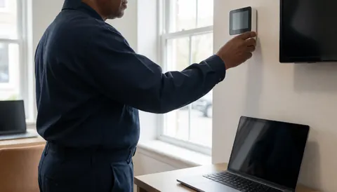 Un technicien ajuste un thermostat moderne sur un mur blanc, avec une lumière naturelle et un ordinateur portable sur une table pour des services d'installation de chauffage.