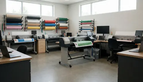 Atelier d'impression équipé de machines de découpe de vinyle, avec des rouleaux de matériaux colorés et une lumière naturelle entrant par les fenêtres.