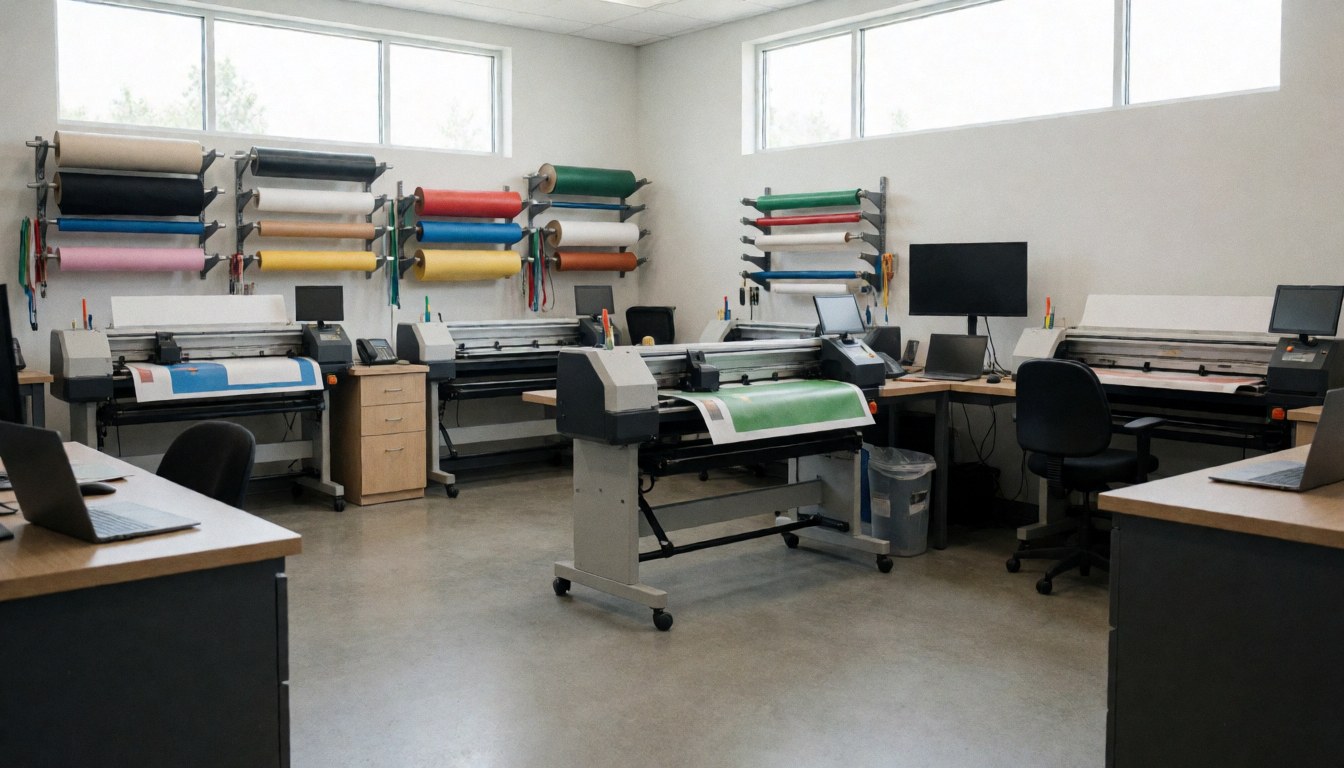 Atelier d'impression équipé de machines de découpe de vinyle, avec des rouleaux de matériaux colorés et une lumière naturelle entrant par les fenêtres.
