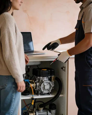 Un technicien en gants explique le fonctionnement d'une pompe à vide à un client dans une cuisine moderne aux murs clairs.