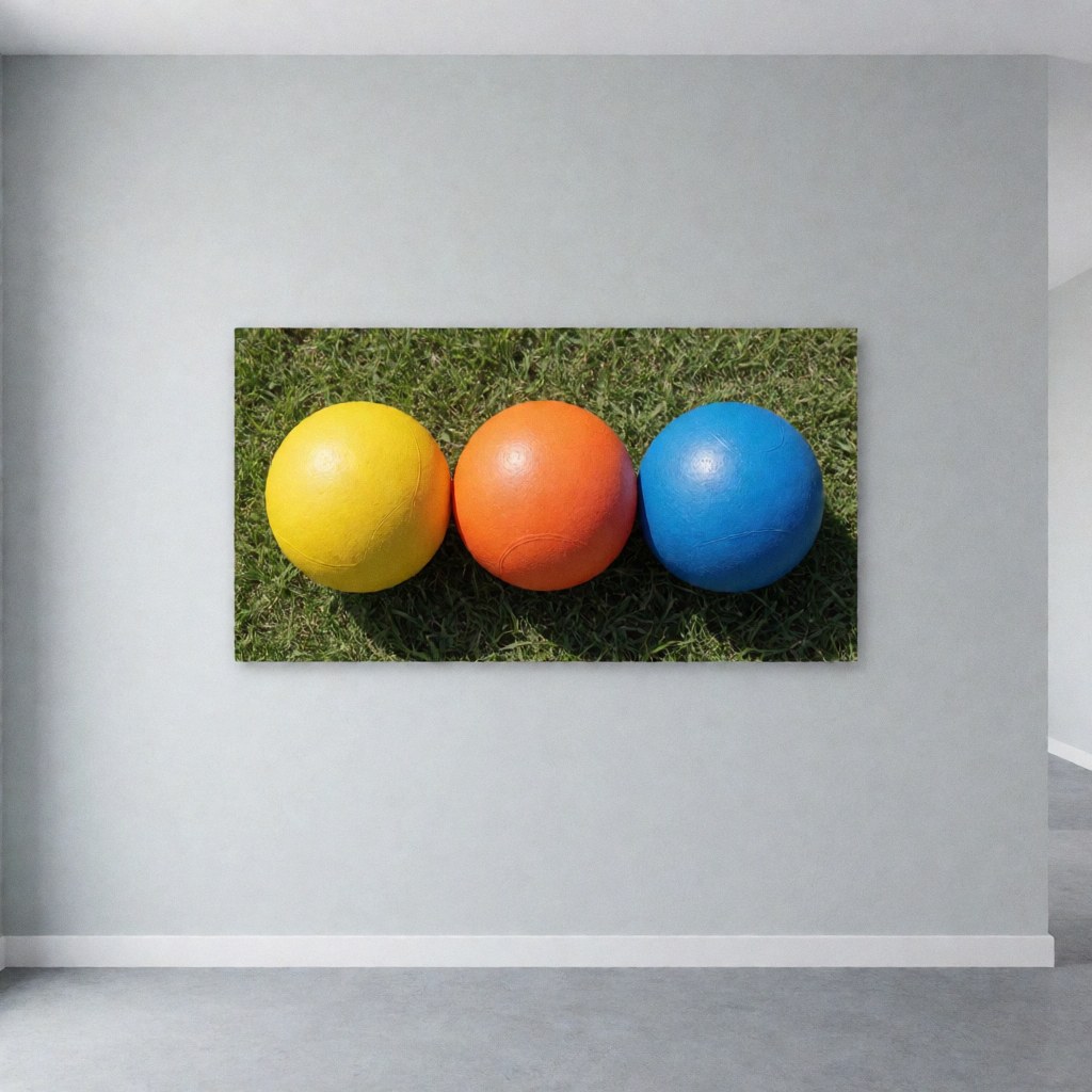 Trois ballons de football d'entraînement de couleur jaune, orange et bleu posés sur une pelouse verte, utilisés pour le sport et l'entraînement.