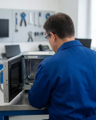 Technicien en uniforme bleu réparant un micro-ondes ouvert dans un atelier bien éclairé avec des outils suspendus au mur.