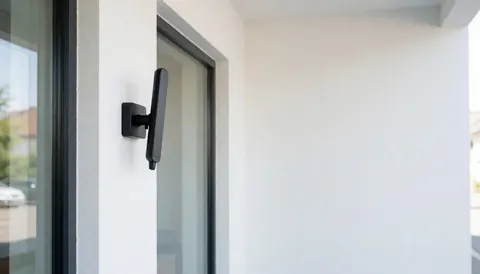 Antenne numérique noire montée sur un mur blanc propre, idéale pour la page d'accueil d'un site web dédié à l'installation d'antennes.