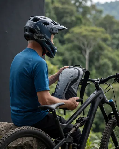 Un cycliste adulte avec un casque et un vélo de montagne se repose sur un rocher, ajustant son hydratation, avec une jungle verte en arrière-plan.