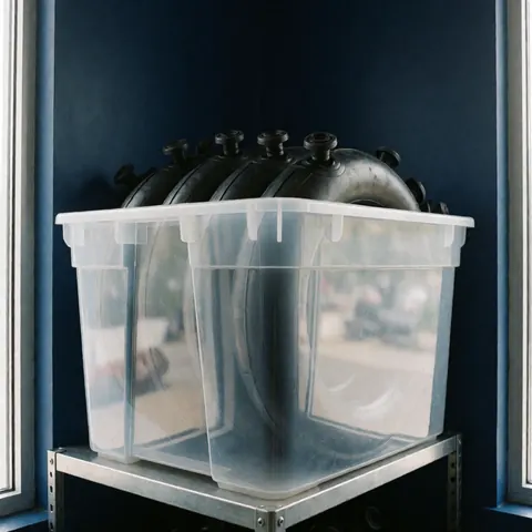 Caisse transparente remplie de chambres à air noires posée sur une étagère métallique dans un atelier de vélo avec un mur bleu en arrière-plan.