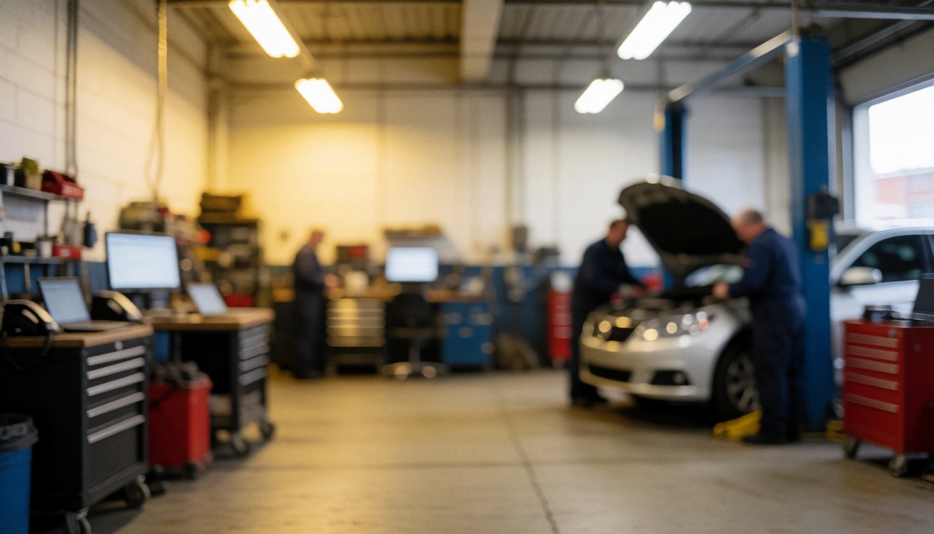 Deux mécaniciens examinent un véhicule avec le capot ouvert dans un atelier de réparation, entourés d'outils et d'un éclairage industriel sur un fond flou.