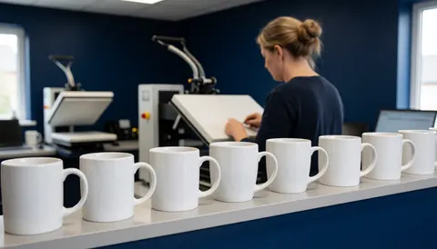 Tasse blanche posée sur une étagère, machine d'impression en arrière-plan, personne travaillant dos tourné dans un atelier textile à mur bleu foncé
